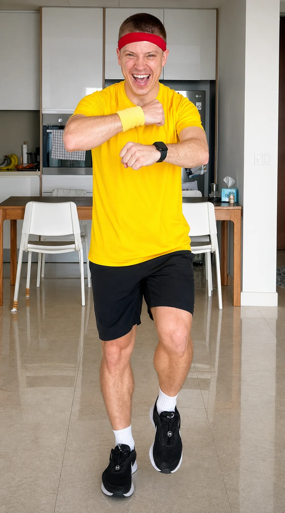 Dopamine Steps creator smiling in a yellow workout shirt